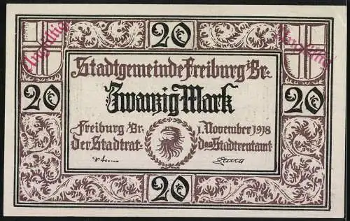 Notgeld Freiburg 1918, 20 Mark, Stadtgemeinde Freiburg, November 1918, Seriennummer 88195, Stempel Ungültig