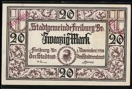 Notgeld Freiburg 1918, 20 Mark, Stadtgemeinde Freiburg, November 1918, Seriennummer 35781, Stempel Ungültig