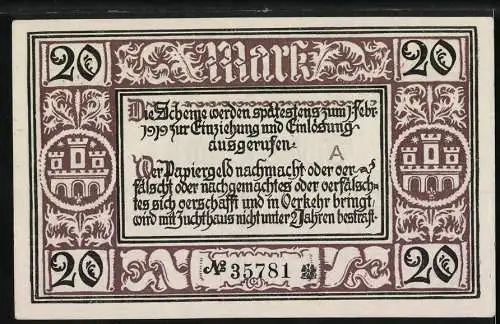 Notgeld Freiburg 1918, 20 Mark, Stadtgemeinde Freiburg, November 1918, Seriennummer 35781, Stempel Ungültig