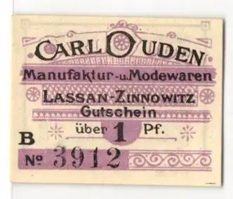 Notgeld Lassan-Zinnowitz, 1920, 1 Pf., Carl Duden Manufaktur- und Modewaren Gutschein Nr. 3912