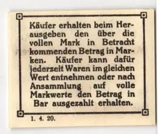 Notgeld Lassan-Zinnowitz, 1920, 1 Pf., Carl Duden Manufaktur- und Modewaren Gutschein Nr. 3912