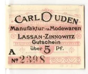 Notgeld Lassan-Zinnowitz, 1920, 5 Pfennig, Carl Duden Manufaktur- und Modewaren Gutschein Nr. 2398