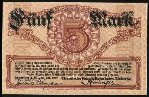 Notgeld Frankfurt am Main 1918, 5 Mark, Chemische Fabrik Griesheim-Elektron, Seriennummer 161920