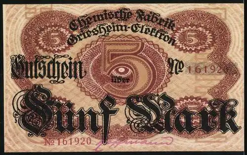 Notgeld Frankfurt am Main 1918, 5 Mark, Chemische Fabrik Griesheim-Elektron, Seriennummer 161920