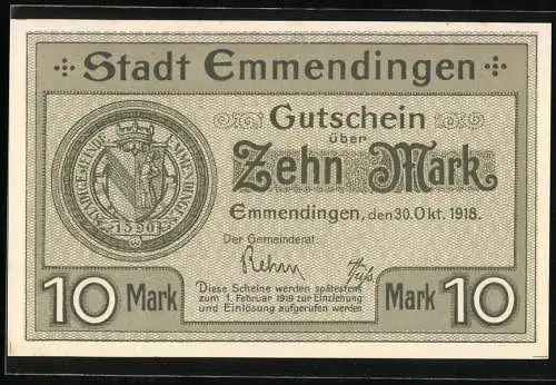 Notgeld Emmendingen 1918, 10 Mark, Gutschein über Zehn Mark, Stadtansicht und Wappen, Stempel Bezahlt Ungültig