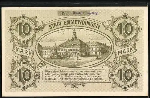 Notgeld Emmendingen 1918, 10 Mark, Gutschein über Zehn Mark, Stadtansicht und Wappen, Stempel Bezahlt Ungültig