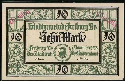 Notgeld Freiburg 1918, 10 Mark, Stadtgemeinde Freiburg Breisgau, Adler und Stadtwappen Design, Stempel Ungültig