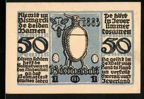 Notgeld Jever 1921, 50 Pfennig, Heimatfest mit Wappen und Sprüchen