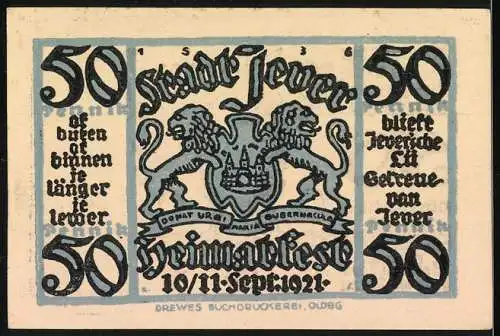 Notgeld Jever 1921, 50 Pfennig, Heimatfest mit Wappen und Sprüchen