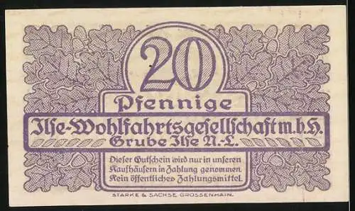 Notgeld Bückgen, 20 Pfennige, Grube Ilse, Ilse-Wohlfahrtsgesellschaft m.b.H., Bergmann