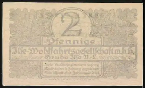 Notgeld Bückgen, 2 Pfennige, Grube Ilse, Ilse-Wohlfahrtsgesellschaft m.b.H., Bergmann