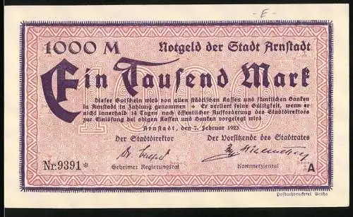 Notgeld Arnstadt, 1923, 1000 Mark, violetter Rahmen und grosse Schrift Ein Tausend Mark