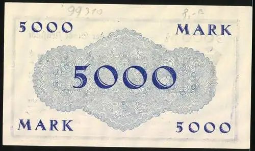Notgeld Arnstadt, 1923, 5000 Mark, Blau-Weisses Design, Seriennummer 3311