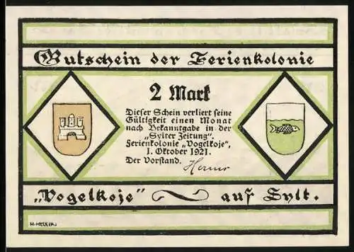 Notgeld Kampen / Sylt 1921, 2 Mark, Gutschein der Ferienkolonie Vogelkoje mit Spielszene und Plattdeutschem Text