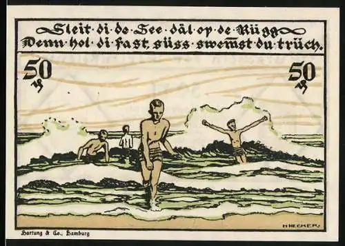 Notgeld Kampen / Sylt 1921, 50 Pf, Gutschein der Ferienkolonie Vogelkoje mit Schwimmszene