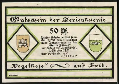 Notgeld Kampen / Sylt 1921, 50 Pf, Gutschein der Ferienkolonie Vogelkoje mit Schwimmszene