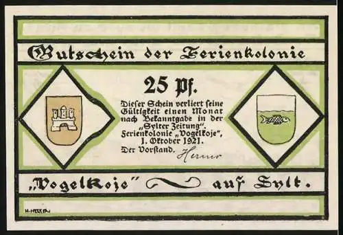 Notgeld Kampen / Sylt 1921, 25 Pfennig, Gutschein der Ferienkolonie Vogelkoje auf Sylt mit Landschaftsmotiv und Wappen