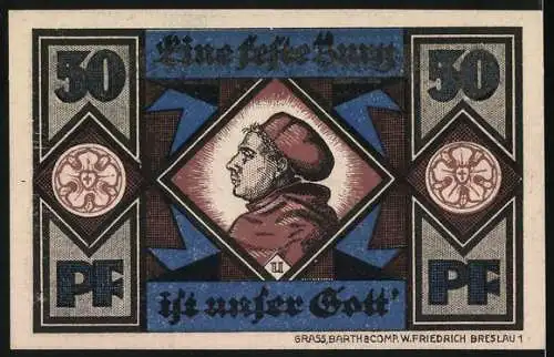 Notgeld Breslau 1921, 50 Pf, Gedenkschein Lutherfestwoche und Jahrhunderthalle