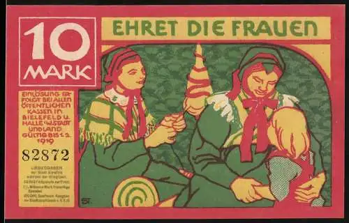 Notgeld Bielefeld 1919, 10 Mark, Ehret die Frauen mit Frauen beim Spinnen und Kind