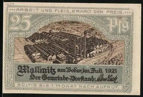 Notgeld Mallmitz am Bober, 1921, 25 Pfennig, Industrieansicht und Porträt mit Dampfschiff Die Möwe