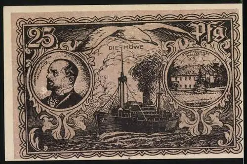 Notgeld Mallmitz am Bober, 1921, 25 Pfennig, Industrieansicht und Porträt mit Dampfschiff Die Möwe