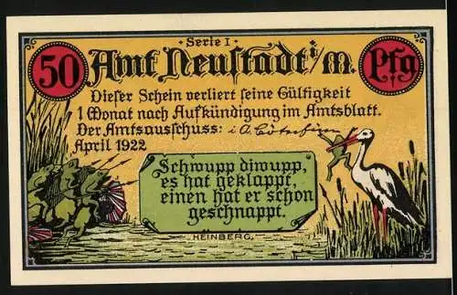 Notgeld Neustadt / Mecklenburg 1922, 50 Pfennig, Anecho, Afrika-Kolonie Togo, Szene und Storch mit Frosch
