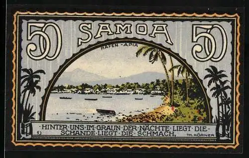 Notgeld Neustadt / Mecklenburg 1922, 50 Pfennig, Kolonie Samoa, Hafenansicht und Kolonien-Rückforderung