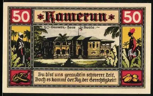 Notgeld Neustadt / Mecklenburg 1922, 50 Pfennig, Afrika-Kolonie Kamerun, Gouvern-Haus in Duala und Storch mit Frosch