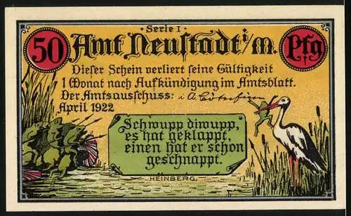 Notgeld Neustadt / Mecklenburg 1922, 50 Pfennig, Afrika-Kolonie Kamerun, Gouvern-Haus in Duala und Storch mit Frosch