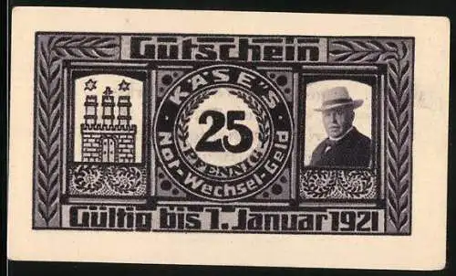 Notgeld Hamburg 1921, 25 Pfennig, eingelöst bei H. Käse, Alsterarcaden 9