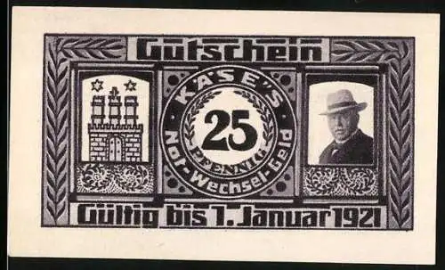 Notgeld Hamburg 1921, 25 Pfennig, eingelöst bei H. Käse, Alsterarcaden 9