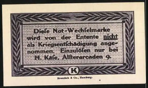 Notgeld Hamburg 1921, 25 Pfennig, eingelöst bei H. Käse, Alsterarcaden 9