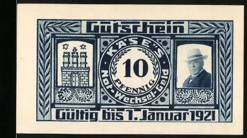 Notgeld Hamburg 1921, 10 Pfennig, eingelöst bei H. Käse, Alsterarcaden 9