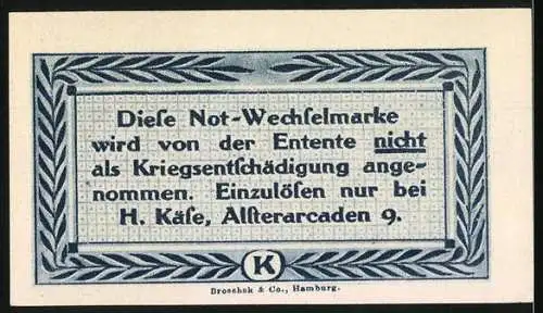 Notgeld Hamburg 1921, 10 Pfennig, eingelöst bei H. Käse, Alsterarcaden 9