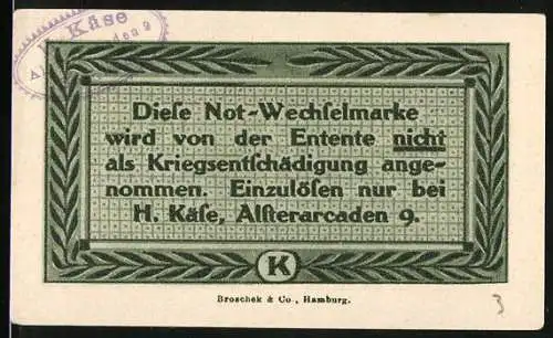 Notgeld Hamburg 1921, 50 Pfennig, eingelöst bei H. Käse, Alsterarcaden 9
