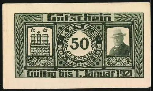 Notgeld Hamburg 1921, 50 Pfennig, eingelöst bei H. Käse, Alsterarcaden 9