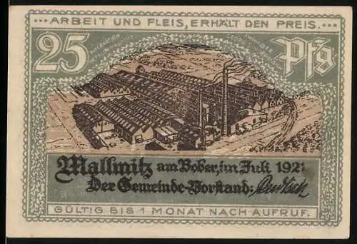 Notgeld Mallmitz am Bober, 1921, 25 Pf, Arbeit und Fleiss, Dampfschiff Möwe, Porträt, Stahlschloss