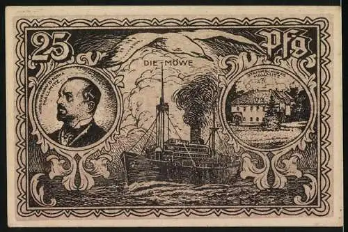 Notgeld Mallmitz am Bober, 1921, 25 Pf, Arbeit und Fleiss, Dampfschiff Möwe, Porträt, Stahlschloss