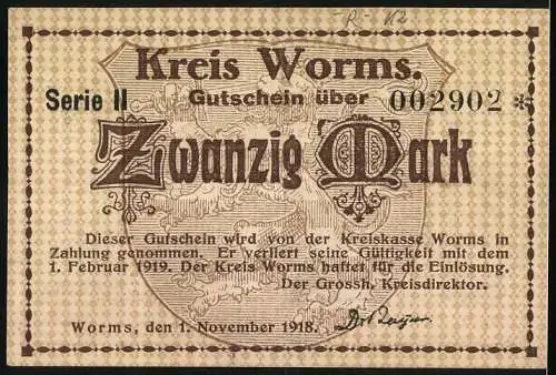 Notgeld Worms 1918, 20 Mark, Kreis Worms Gutschein Serie II mit Gebäudeabbildung