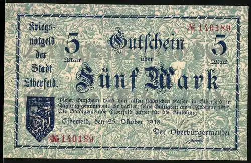 Notgeld Elberfeld 1918, 5 Mark, Kriegsnotgeld der Stadt Elberfeld, gültig bis 1. Februar 1919