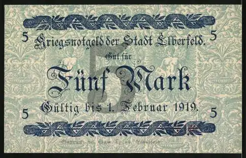 Notgeld Elberfeld 1918, 5 Mark, Kriegsnotgeld der Stadt Elberfeld, gültig bis 1. Februar 1919