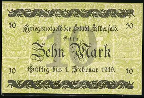 Notgeld Elberfeld 1918, 10 Mark, Kriegsnotgeld der Stadt Elberfeld, Gültig bis 1. Februar 1919