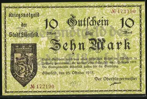 Notgeld Elberfeld 1918, 10 Mark, Kriegsnotgeld der Stadt Elberfeld, Gültig bis 1. Februar 1919