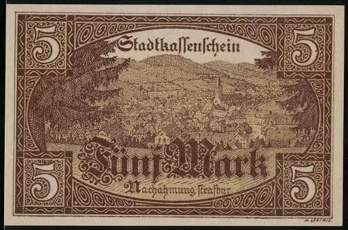 Notgeld Furtwangen, 5 Mark, Stadtkassenschein mit Landschaftsansicht und Stadtsiegel
