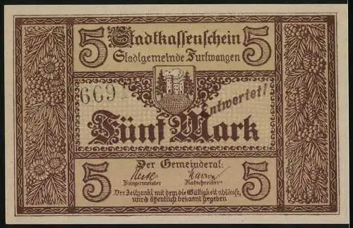 Notgeld Furtwangen, 5 Mark, Stadtkassenschein mit Landschaftsansicht und Stadtsiegel