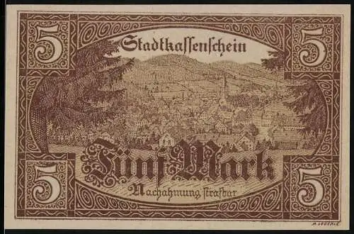 Notgeld Furtwangen, 5 Mark, Stadtbild mit Burg und Gemeindewappen, Stadtkassenschein