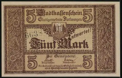 Notgeld Furtwangen, 5 Mark, Stadtbild mit Burg und Gemeindewappen, Stadtkassenschein