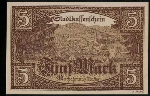 Notgeld Furtwangen, 5 Mark, Stadtkassenschein mit Stadtansicht und Wappen, rückseitig mit Signaturen und Seriennummer