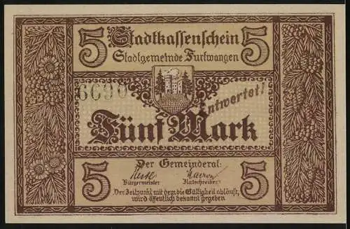 Notgeld Furtwangen, 5 Mark, Stadtkassenschein mit Stadtansicht und Wappen, rückseitig mit Signaturen und Seriennummer