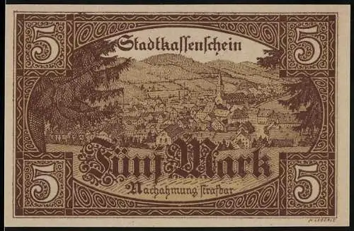 Notgeld Furtwangen, 5 Mark, Stadtansicht und Wappen, Seriennummer 1069